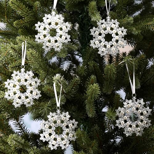 Halloscume 5 Pack Crystal Beaded Snowflake Christmas Ornaments, White