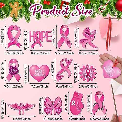 12 Pcs Christmas Hanging Ornaments for Tree Pink Ribbon Breast Cancer Awareness Sign Double Sided Wooden Pendants Christmas Ornaments for Xmas Tree Party Decor