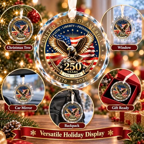 250th Anniversary USA Christmas Ornament – Crystal Patriotic Eagle, 3.15in, Includes Red Gift Box (Variation: 250 Ornaments-two)