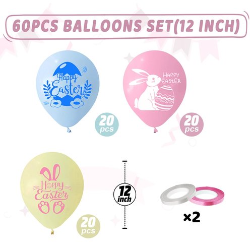 Happy Easter Balloons, 60Pcs 12 Inch Pastel Light Pink Blue Blue Cute Bunny Spring Easter Eggs Party Balloons for Kids Girl Boy Cute Egg Easter Spring Birthday Party Baby Shower Decorations