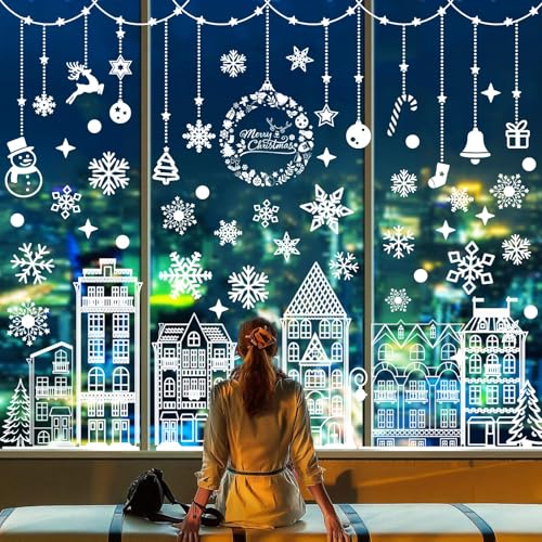 115pcs Christmas Window Clings 7 Sheets Cute White House Xmas Window Stickers Glass Snowflake Double-Sided Decals Christmas Decorations Party Winter Window Clings