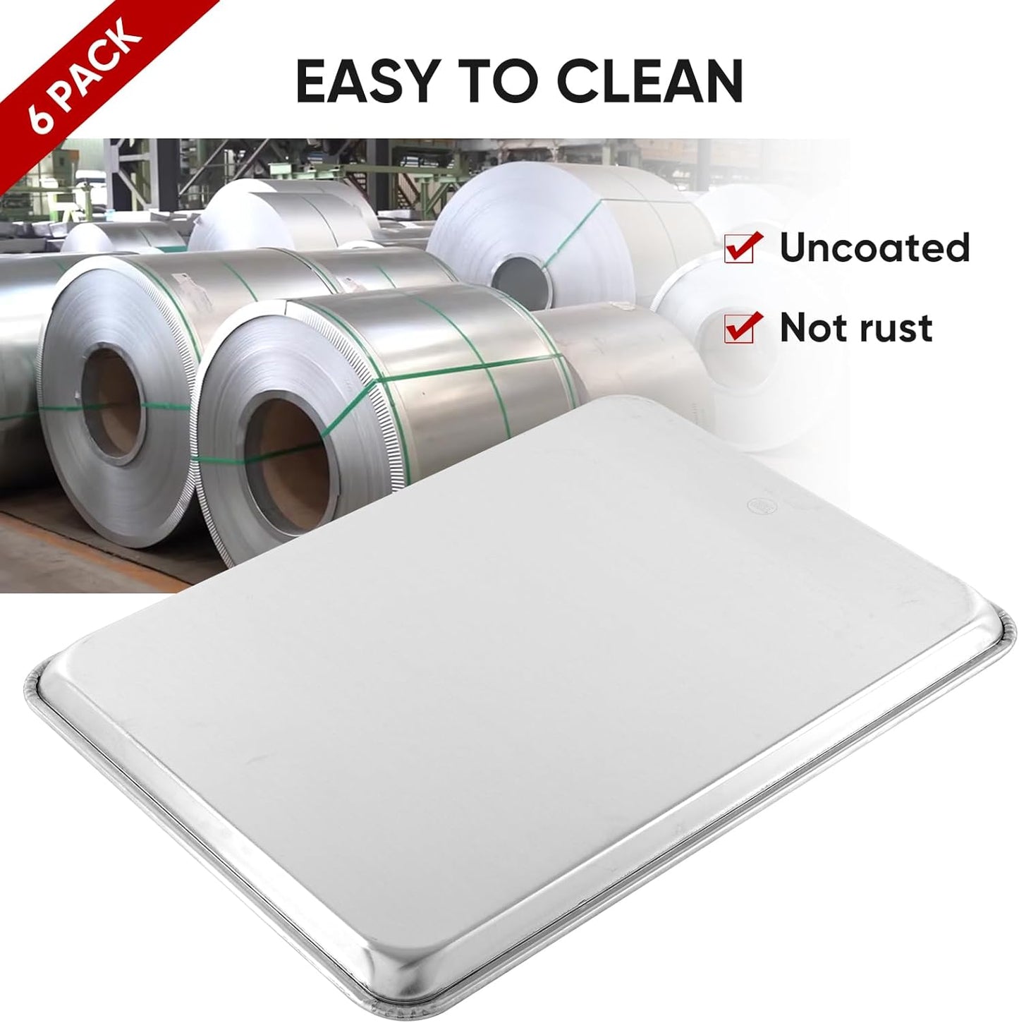 TENUP Aluminum Half Sheet Pan - 6 Pack Heavy Duty Baking Tray, 18" x 13", Warp-Resistant & Rust-Free