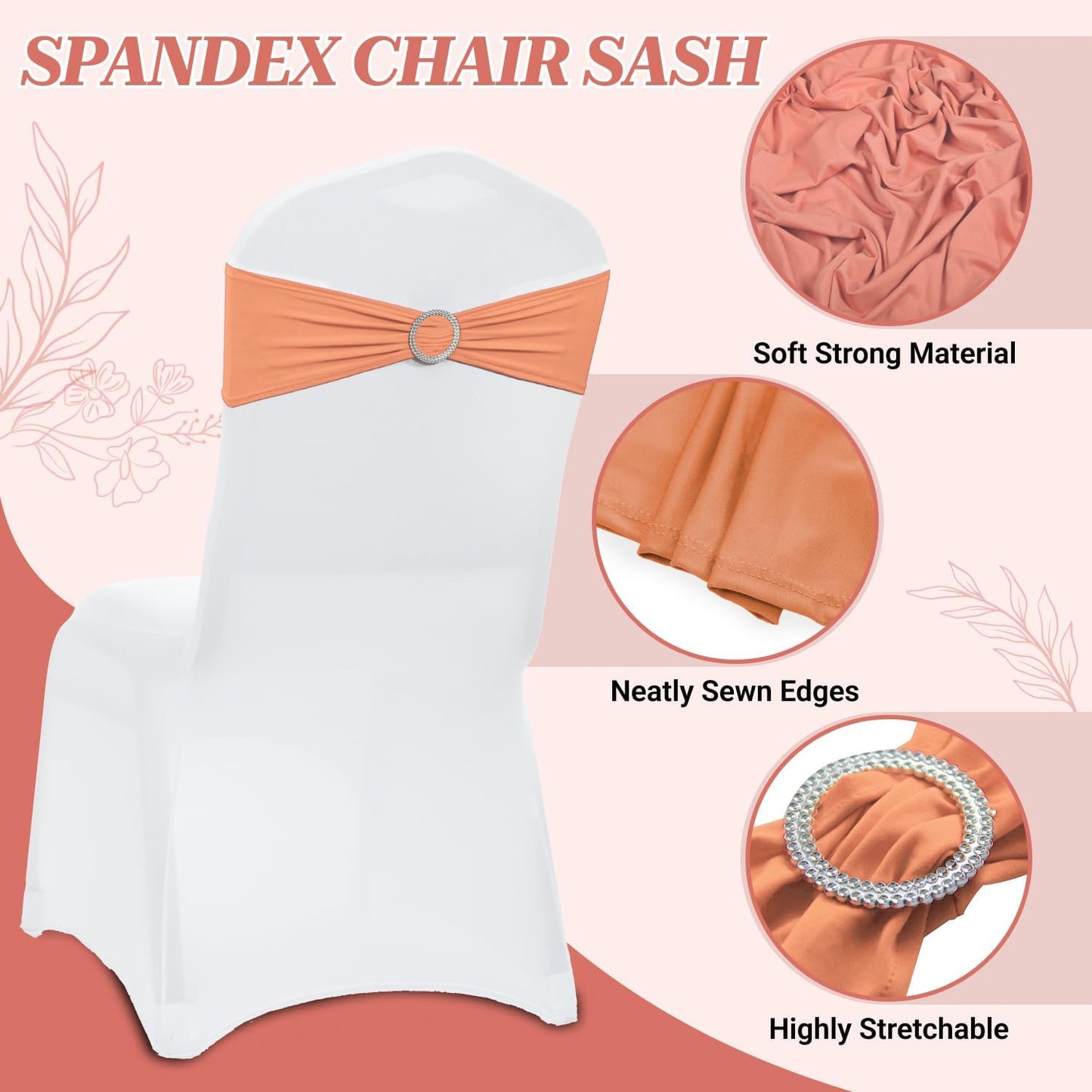 MDS Premium Spandex Chair Sashes - Pack of 10 Stretch Covers with Buckle Slider | Universal Fit for Weddings & Events - Peach