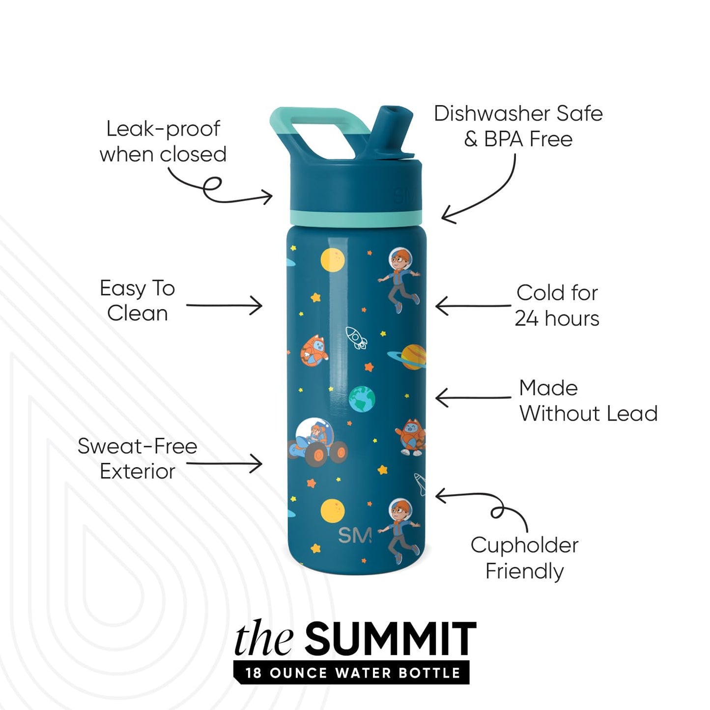 Simple Modern Kids Summit Water Bottle with Straw Lid | Blippi 18oz Stainless Steel Cup Insulated Tumbler for Boys, Girls, School | Blippi Space
