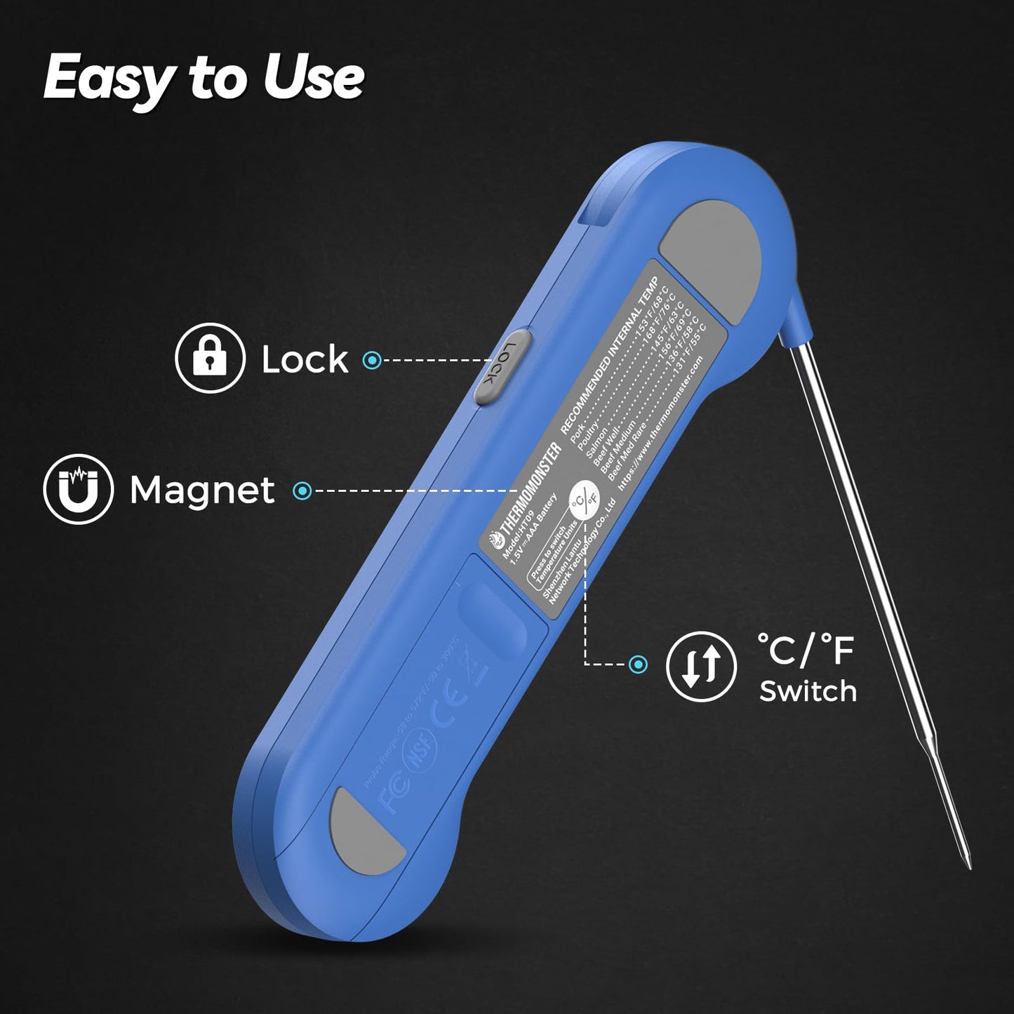 0.5 Sec Instant Read Meat Thermometer Digital with ±0.5℉ Precision, Food Thermometer for Cooking Kitchen Gadgets, Oven Grill Candy BBQ Essentials Accessories, Gifts for Him Dad Men Birthday, Blue