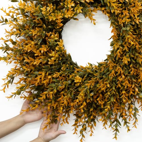 28 Inch Large Full Boxwood Wreath for Front Door Porch Window - Orange - Fall Decor