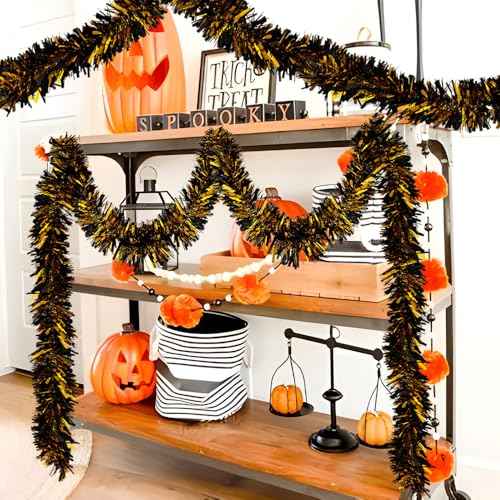 JXITON 33FT Halloween Tinsel Garland Metallic Hanging Twisted Garland for Halloween Party Home Decoration,Orange and Black