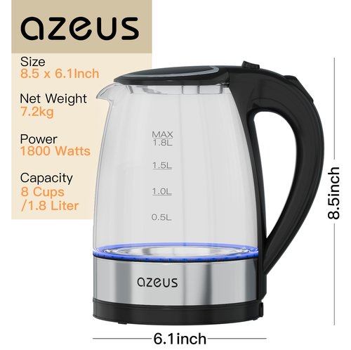 AZEUS Fast Boil Electric Water Kettle, 1.8L Large Capacity with Auto Shut-Off and Boil-Dry Protection, BPA-Free Borosilicate Glass &Stainless Steel
