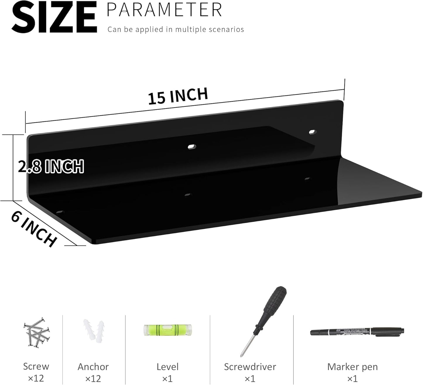 Perspex 15-Inch Black Acrylic Wall Shelves - 4 Pack for Stylish Home Décor & Space Saving