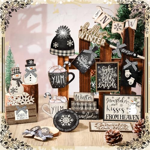 23 Pcs Christmas Tiered Tray Decor Snowman Farmhouse Decor Christmas Sign Winter Table Centerpieces Winter Wood Blocks Signs for Home Shelf, Without Tray (Black, White,Snow)