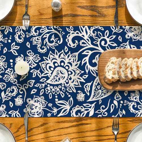 Artoid Mode Blue Floral Paisley Table Runner, Seasonal Spring Kitchen Dining Table Decoration for Home Party Decor 13x72 Inch
