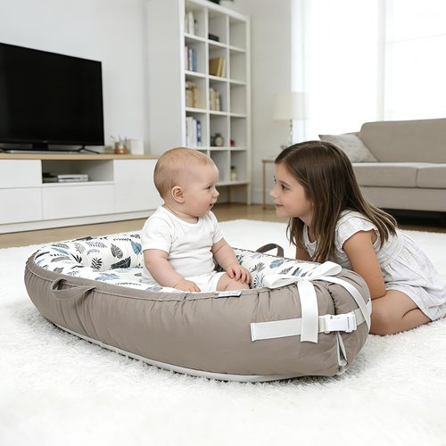 Infant Support Cushion - Reversible & Adjustable Baby Tummy Time Mat | Portable, Soft, Washable Cover | Grey Leaves