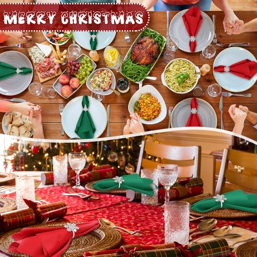 EBOOT 16 Pcs Red Christmas Napkins & Ring Set - Snowflake & Tree, Green