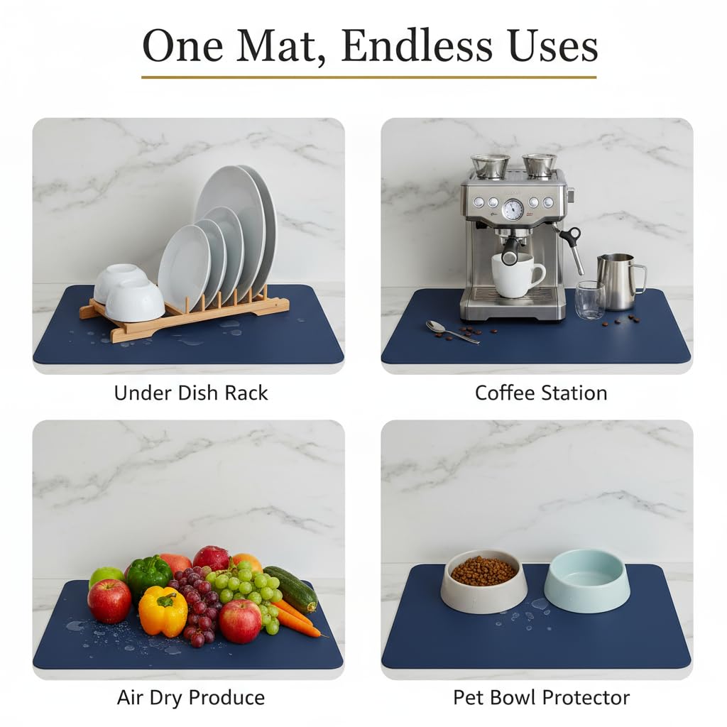 STRABELLA Dish Drying Mat Super Absorbent – 16" x 18" Coffee Mat for Countertops – Non-Slip Drying Mat for Kitchen Counter – Easy to Clean Water Absorbent Mat – Large Dish Drying Mats (Navy Blue)