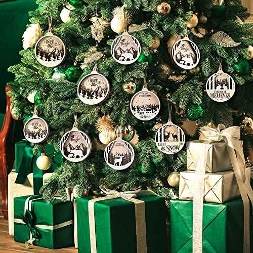 Jetec 6 Pcs Christmas Ornaments for Tree Wooden Christmas Hanging Decorations Rustic Hollow Woodland Reindeer Snowflake for Tree Winter Farmhouse Party Decor Home(Round Style)