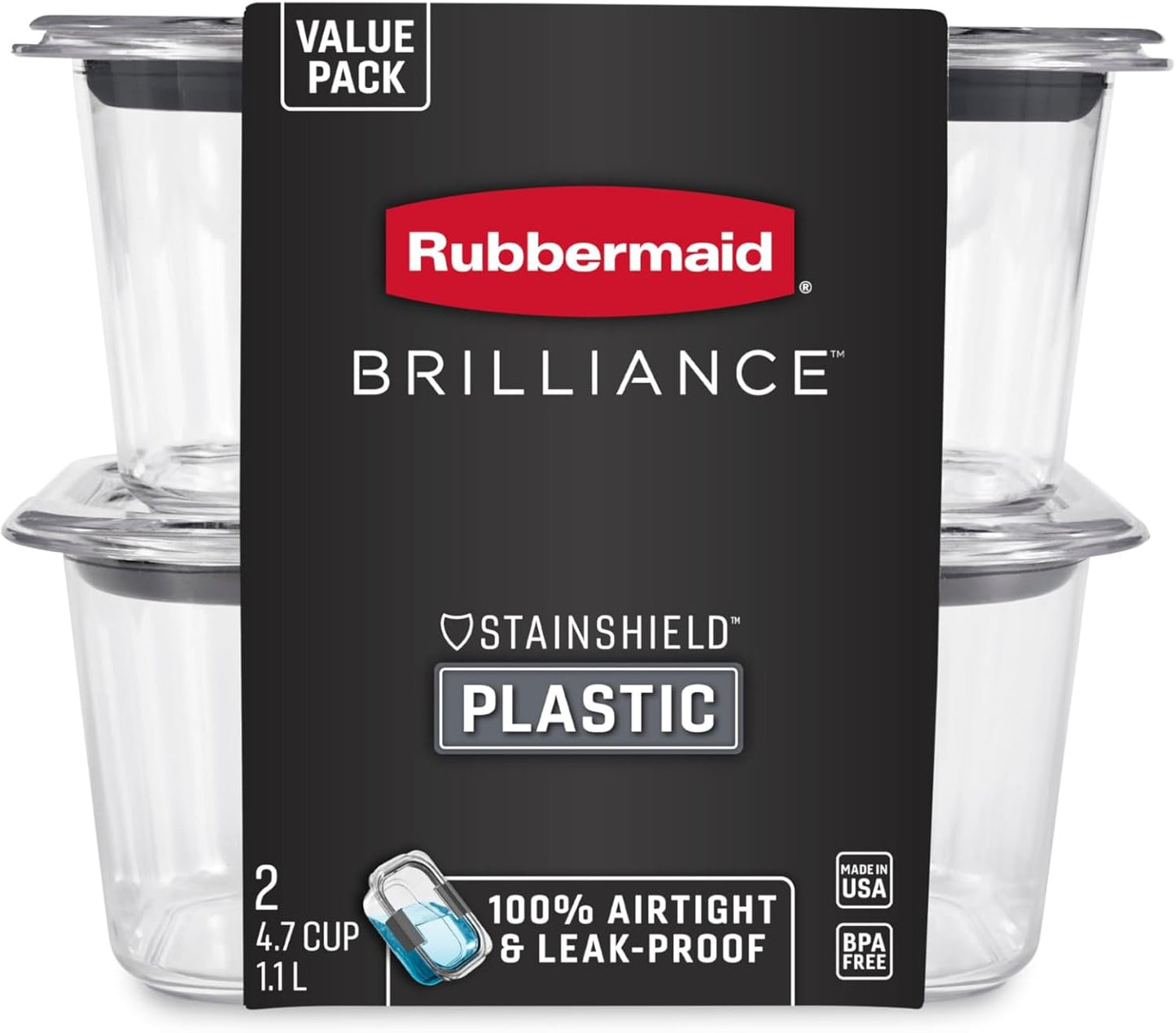 Rubbermaid Brilliance Food Storage Containers - BPA-Free, Airtight & Leak-Proof, 4.7 Cup, 2-Pack