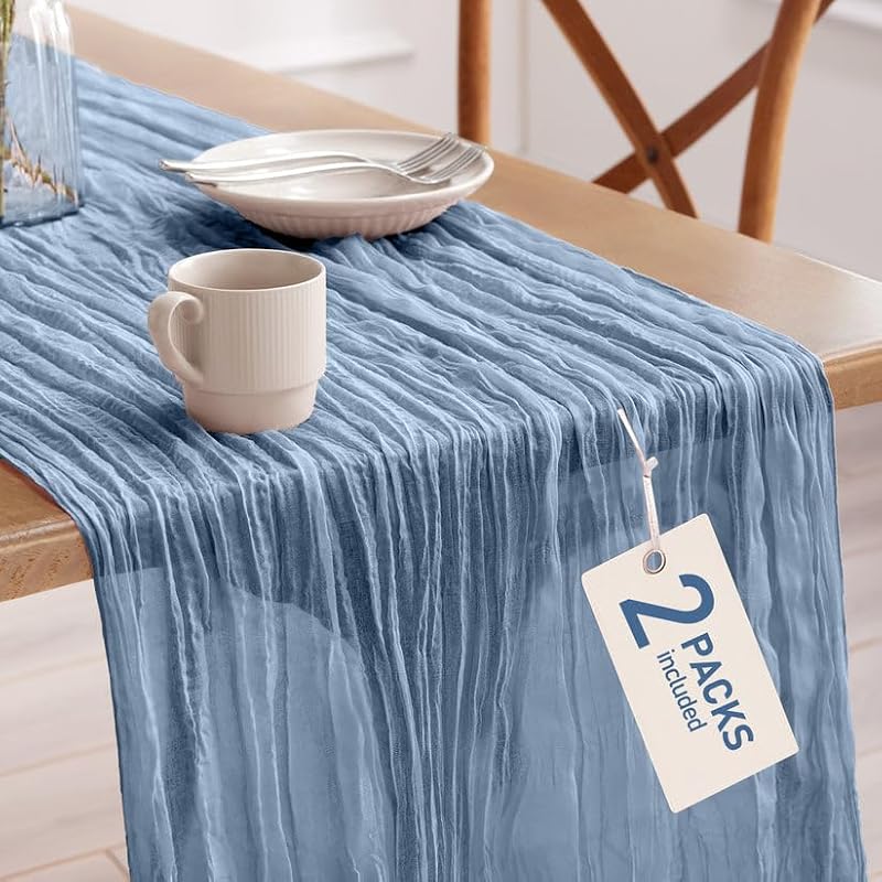 Pureegg 2 Pack Dusty Blue Cheesecloth Table Runner 120 Inch for Wedding & Event Decor