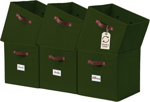 DECOMOMO Storage Cubes - 13x13x13 Fabric Organizer Bins with Labels | 6-Pack in Olive Green