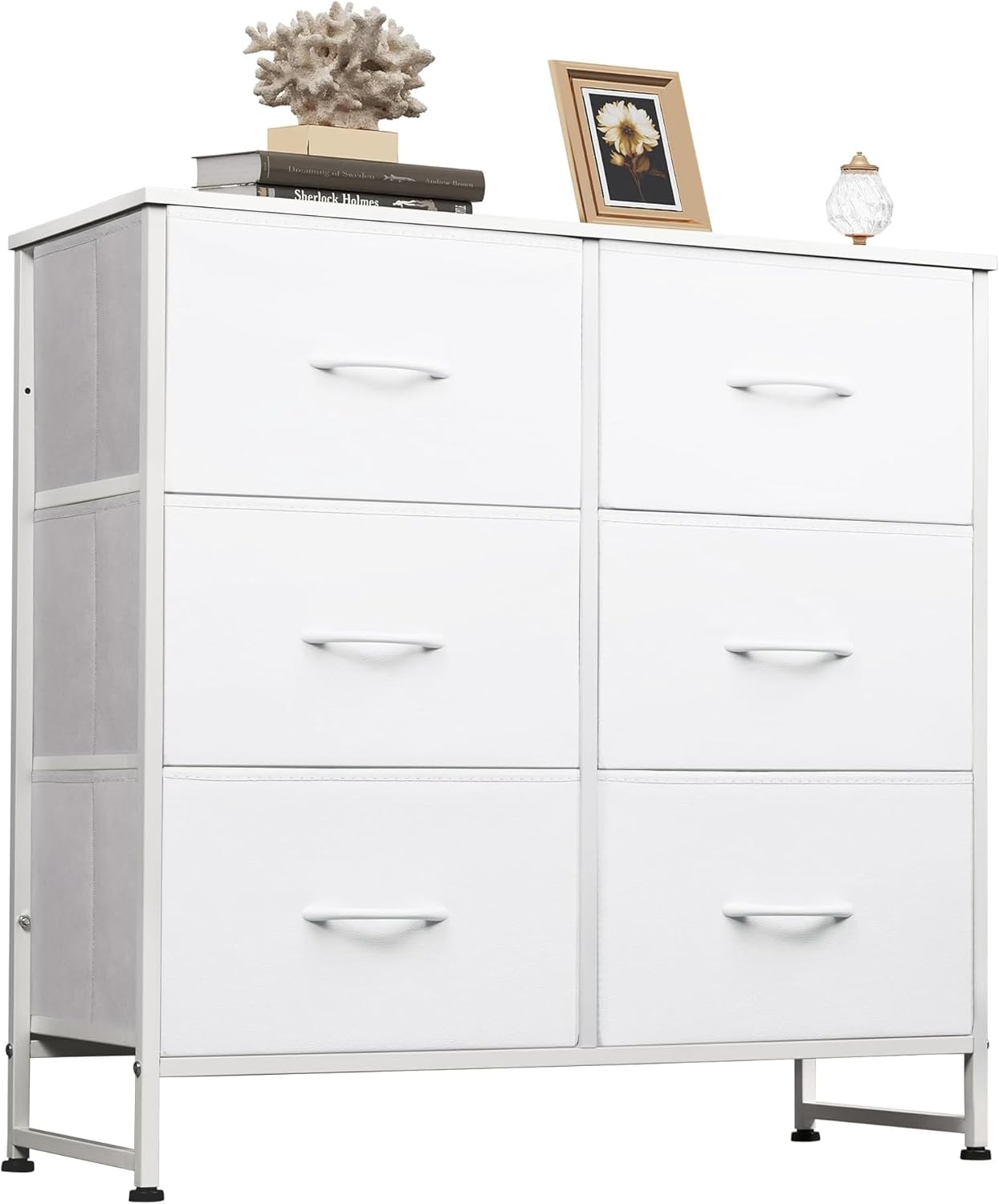 WLIVE White Dresser - 6 Fabric Drawers with Metal Frame & Wooden Top | Versatile Storage for Bedroom & Living Room