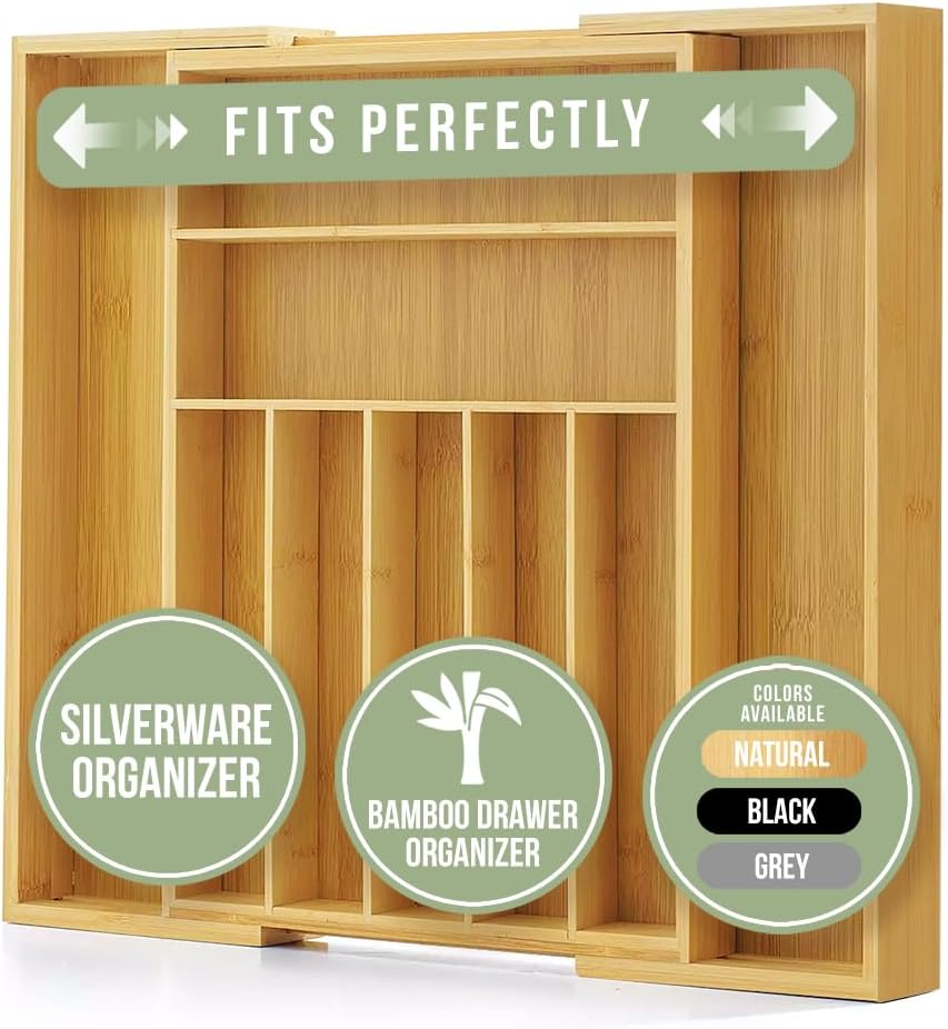 Purawood Bamboo Drawer Organizer - Expandable Cutlery Tray with Dividers | 7-9 Slot Kitchen Utensil Storage (Natural)
