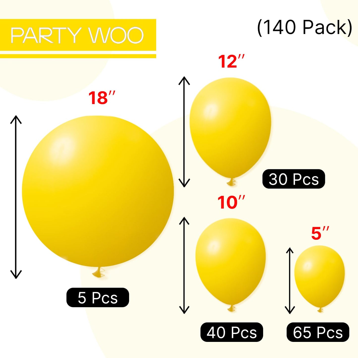 PartyWoo Yellow Balloons 140pcs Different Sizes of 18 12 10 5 Inch Matte Yellow Latex Balloon Arch Kit Garland for Easter Bee Baby Shower Sunflower Birthday Graduation Party Decorations Yellow-Y55