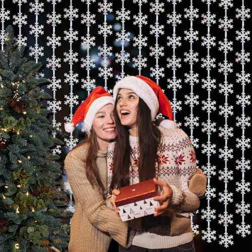 Winter Wonderland Party Snowflake Decorations, 3.3x6.6ft Iridescent Silver Snowflake Tinsel Foil Fringe Curtains Backdrops Photo Props for Xmas Winter Frozen Birthday Party Supplies, 2 Pack