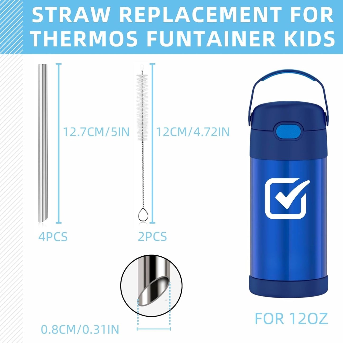 THERMOS Replacement Metal Straws - Reusable Stainless Steel for 12oz FUNtainer Kids Water Bottle | 4 Straws + 2 Cleaning Brushes
