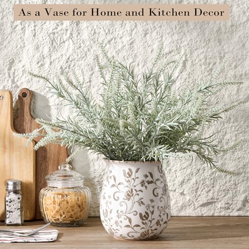 Jemirry Ceramic Utensil Holder for Kitchen Counter with Brown Flower Patterns - Farmhouse Decor