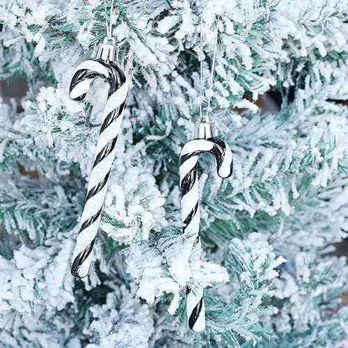 12Pcs Glitter Candy Cane Christmas Tree Decorations Christmas Plastic Candy Cane Christmas Tree Hanging Ornament for Holiday Party Decoration Favor (Black and White)