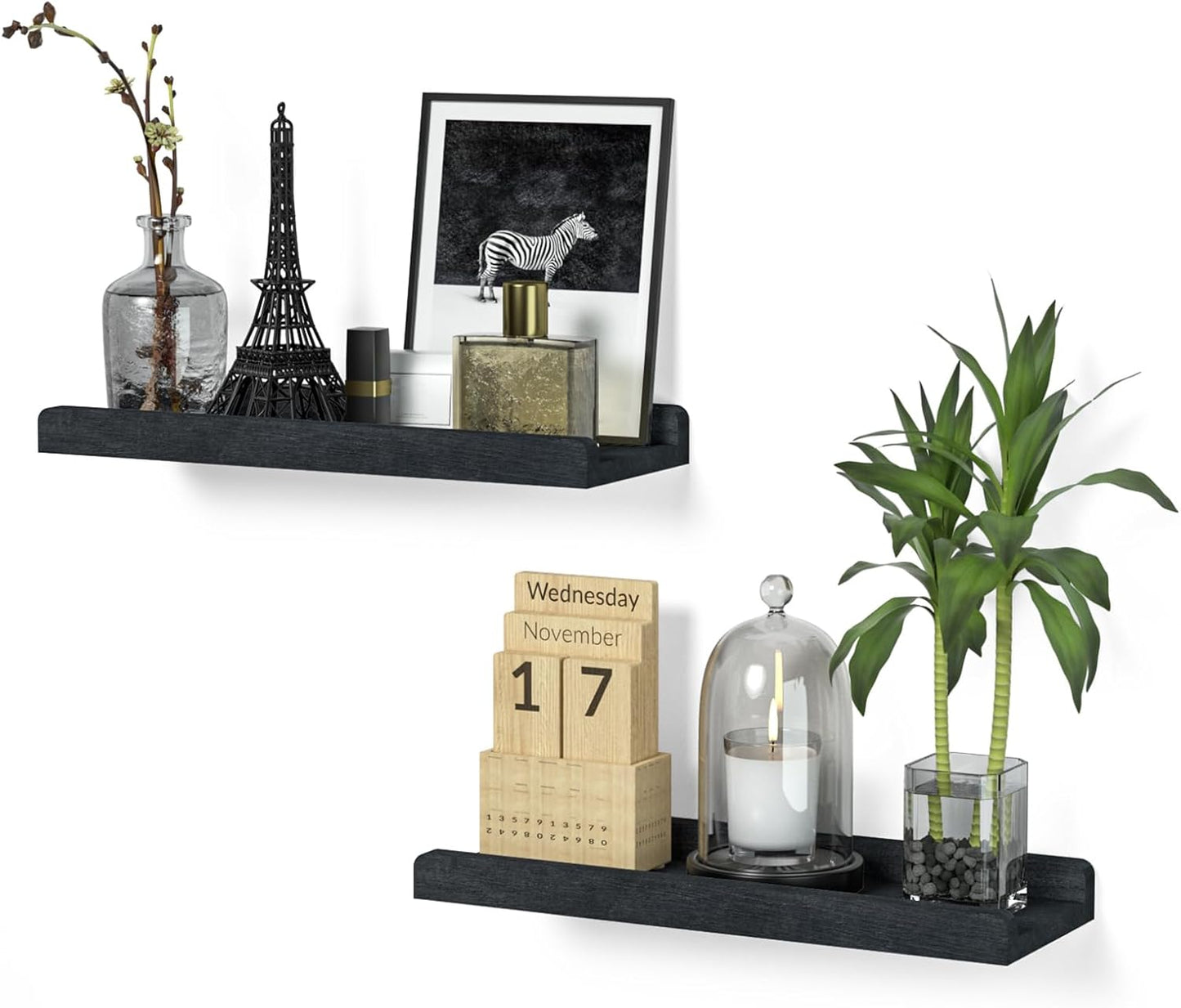 Love-KANKEI Floating Wall Shelves - Set of 2 Rustic 17-Inch Wood Shelves for Home Storage | Black