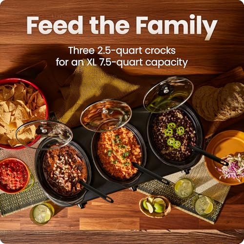 Chefman 7.5 Quart Triple Slow Cooker & Food Warmer - 3 Crocks, Stainless Steel