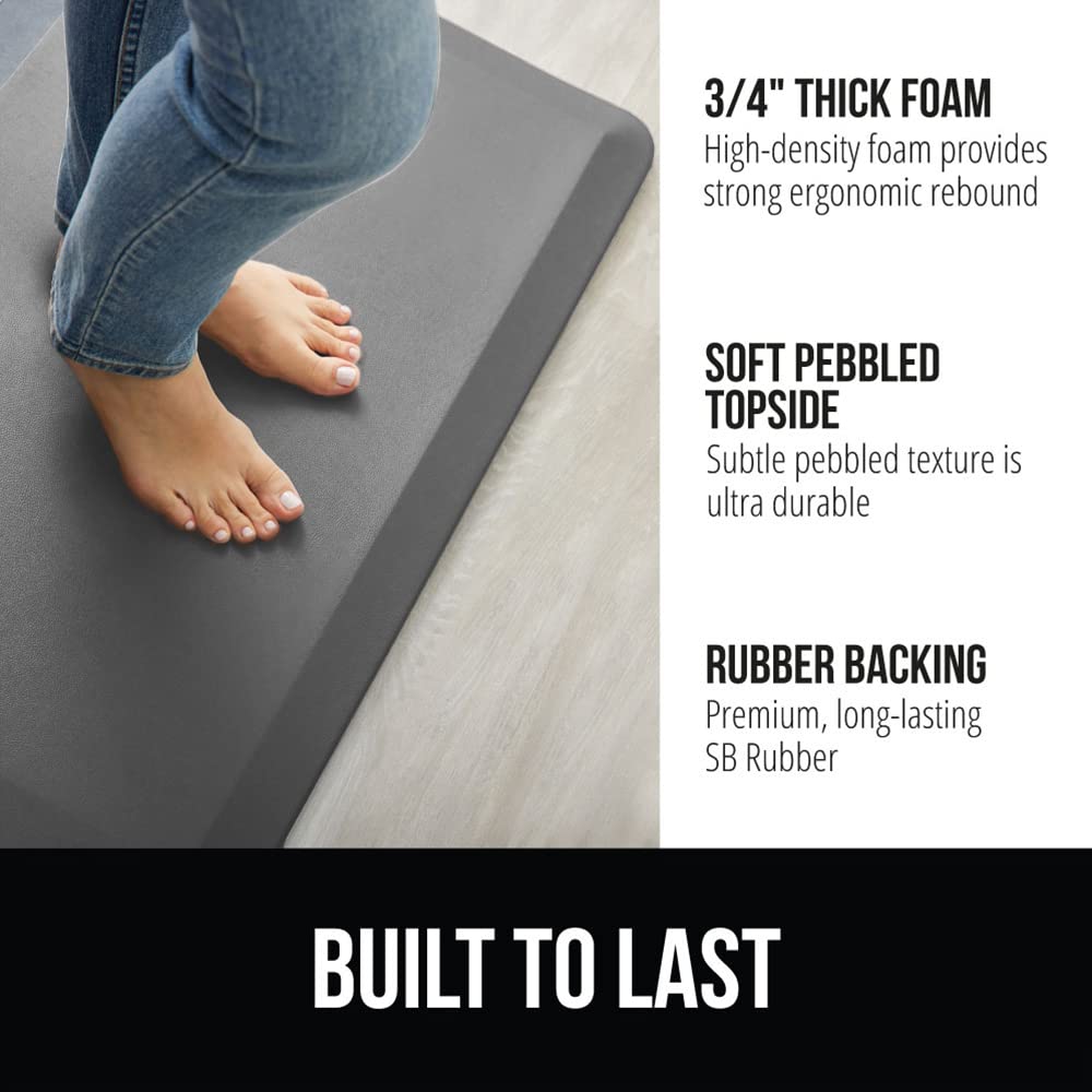 GORILLA GRIP Comfortable Cushioned Kitchen Mats for Floor, 58x20, Waterproof and Stain Resistant Soft Top, 3/4 Inch Thick Ergonomic Standing Desk Anti Fatigue Mat, Foam Supports Ankles and Feet, Grey