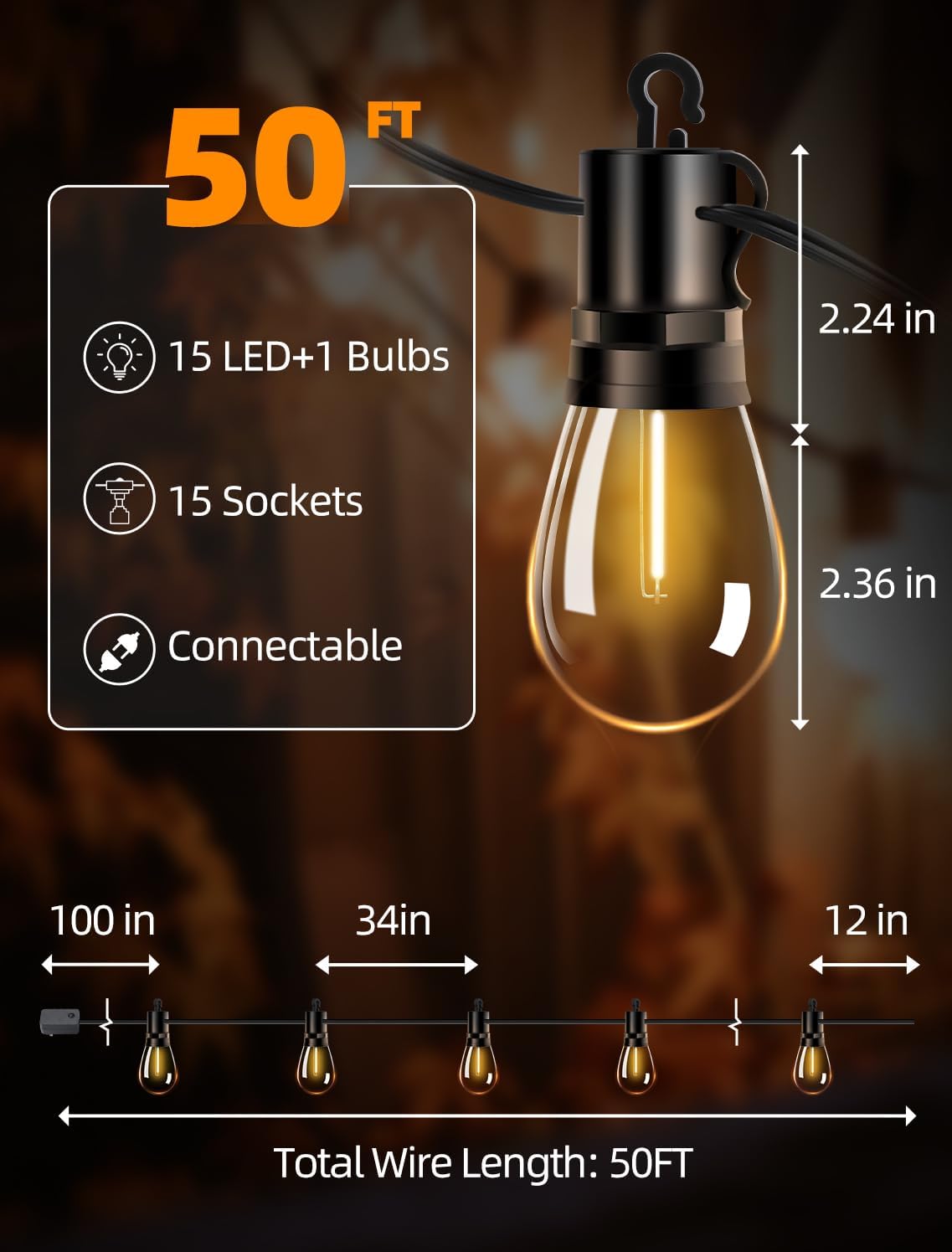 Skiennix Outdoor Patio String Lights - 50Ft Waterproof Shatterproof Bulbs | Remote Dimmable Hanging Lighting