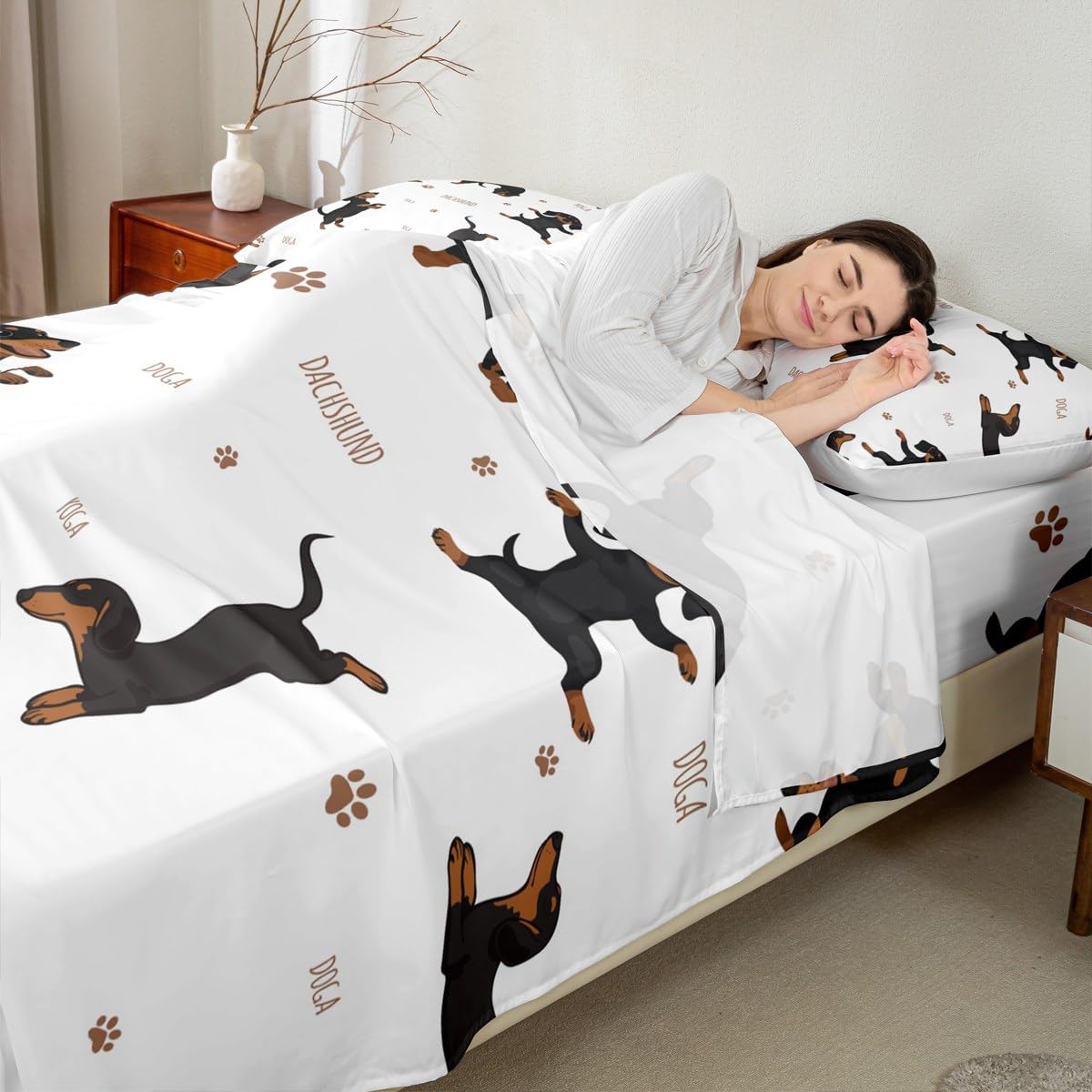 Feelyou Sausage Dog Bed Sheets Set Boys Dachshund Sheet Set for Kids Ultra Soft Puppy Dog Sheets with Deep Pocket Fitted Sheet Kawaii Pet Brown Bedding Set Room Decor Queen