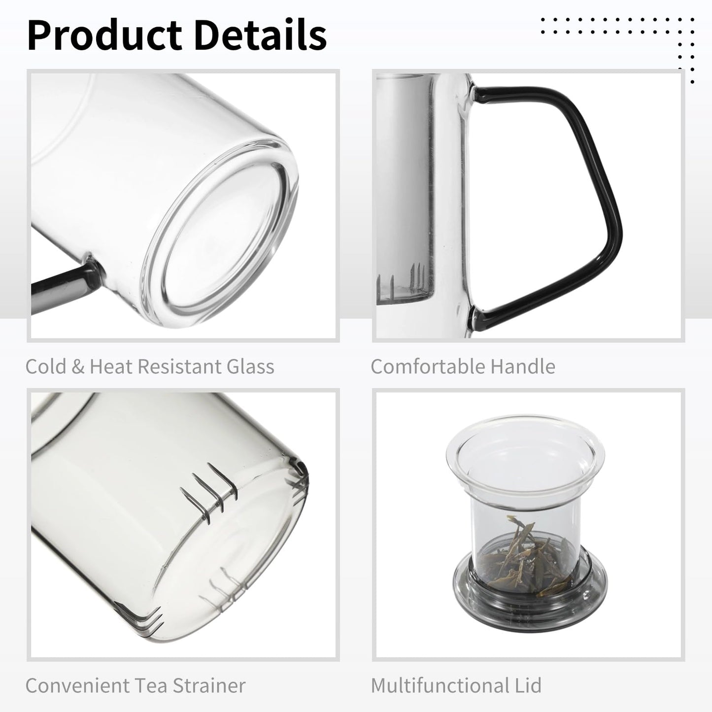 OMISTAR Tea Infuser Mug with Lid, 350 ml Glass Tea Cup with Infuser, Cold & Heat Resistant Glass Tea Cup with Handle, for Personal Tea Brewing at Office or Home