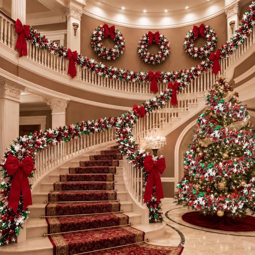 Riceshoot 131ft Red Green White Christmas Tinsel Garland Metallic Foil Decor, Classic 40m