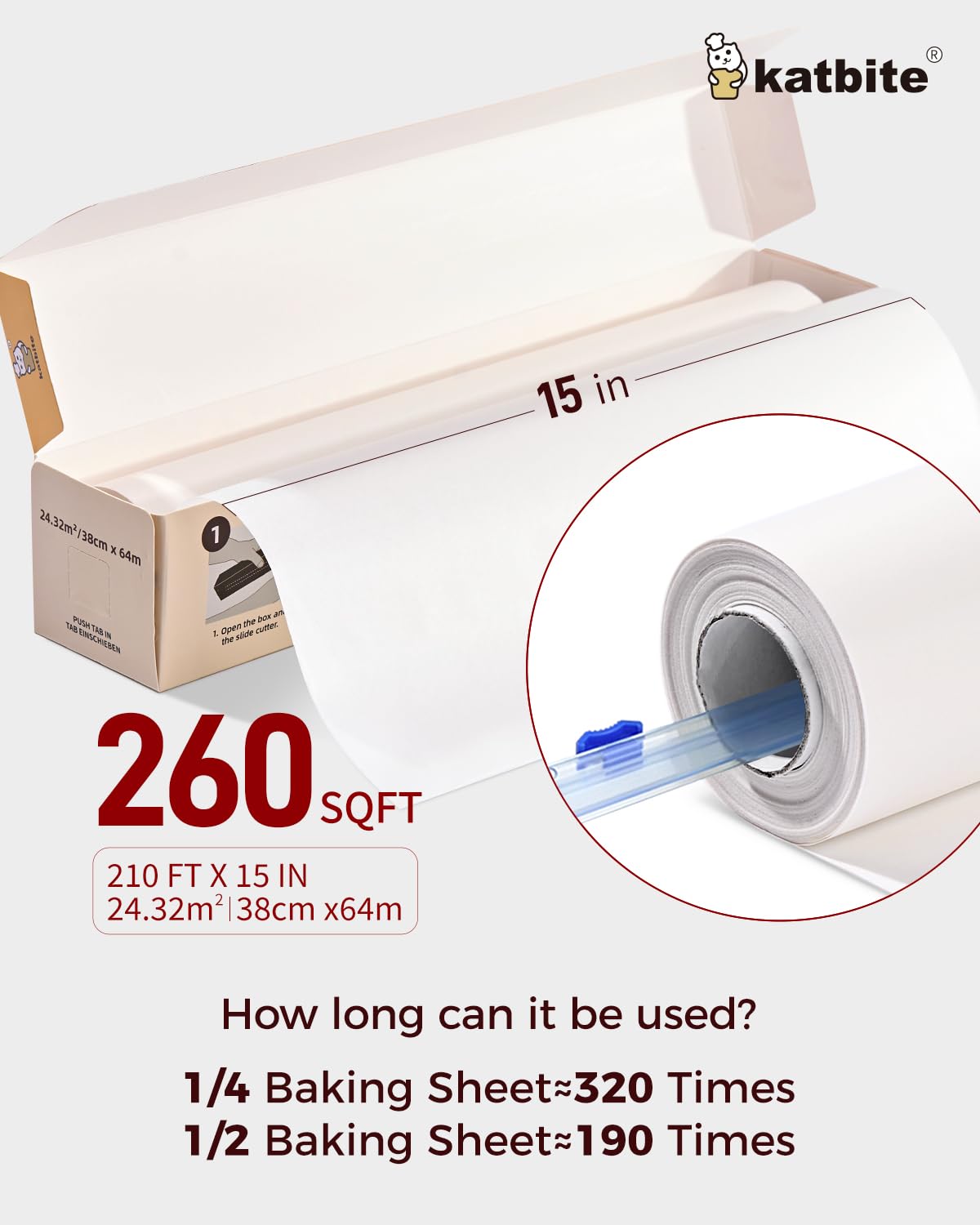 Katbite Heavy Duty Parchment Paper Roll for Baking, 15 in x 210 ft, 260 Sq.Ft Baking Paper with Slide Cutter, Easy to Cut & Non-stick Cooking Paper for Bread, Cookies, Air Fryer, Steaming, Grilling