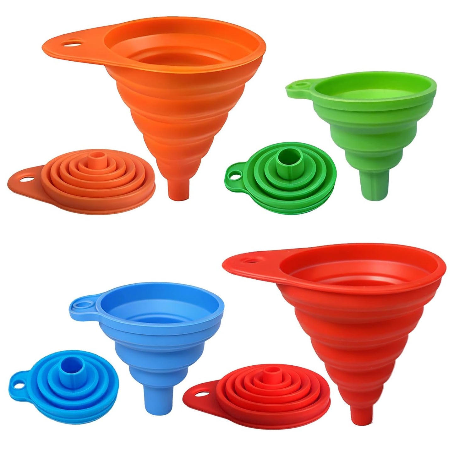 Skiennix 4-Pack Kitchen Funnel Set - Foldable Silicone Collapsible Funnels for Easy Liquid Transfer