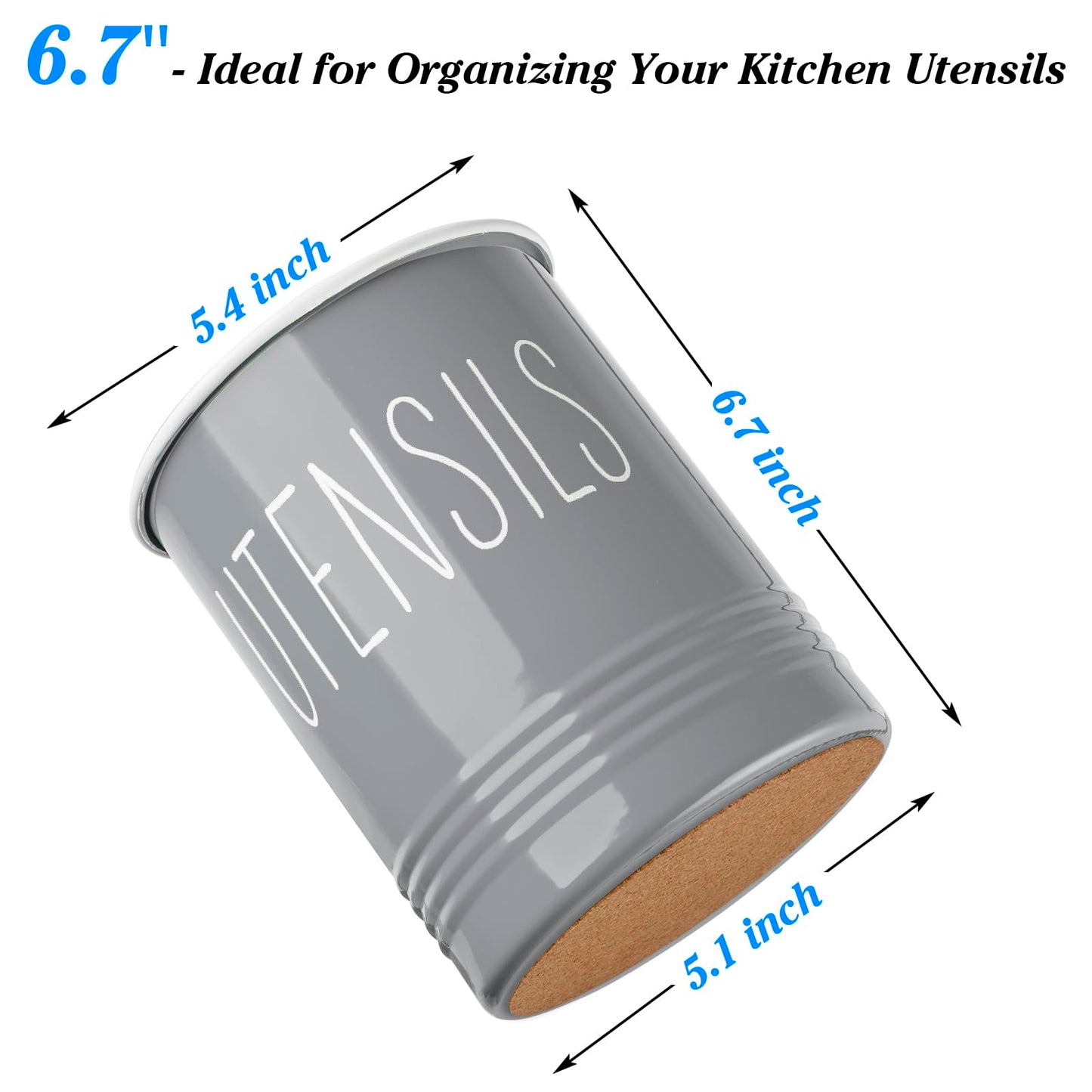Bivvclaz Gray Kitchen Utensil Holder, 6.7" Utensil Holder for Counter, Cooking Utensil Crock with Cork Bottom, Modern Farmhouse Kitchen Decor, Countertop Utensil Storage Organizer Caddy