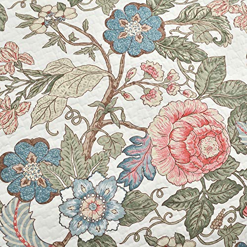 Leaf Print Reversible Cotton Quilt Set King - Blue & Green Floral Bedding