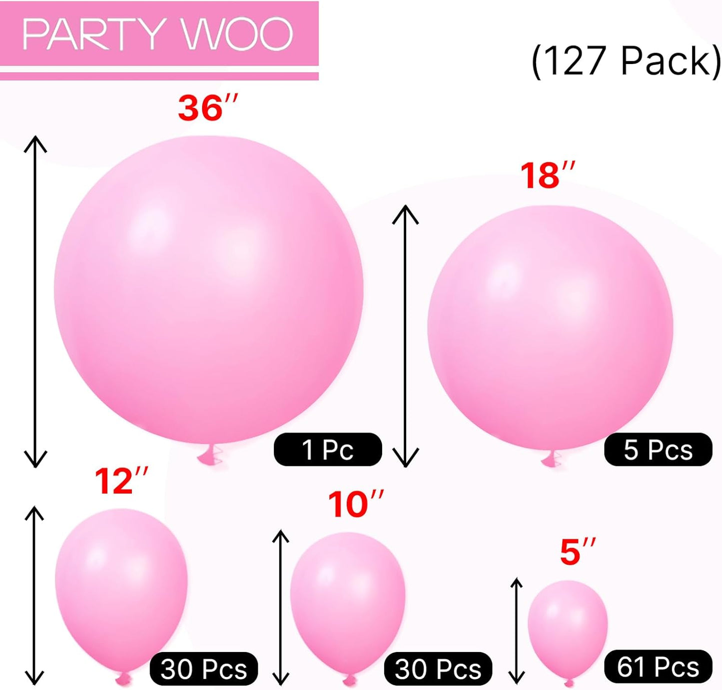 PartyWoo Pink Balloon Arch Kit - 127 Pcs Matte Pink Balloons in Various Sizes for Baby Showers & Parties