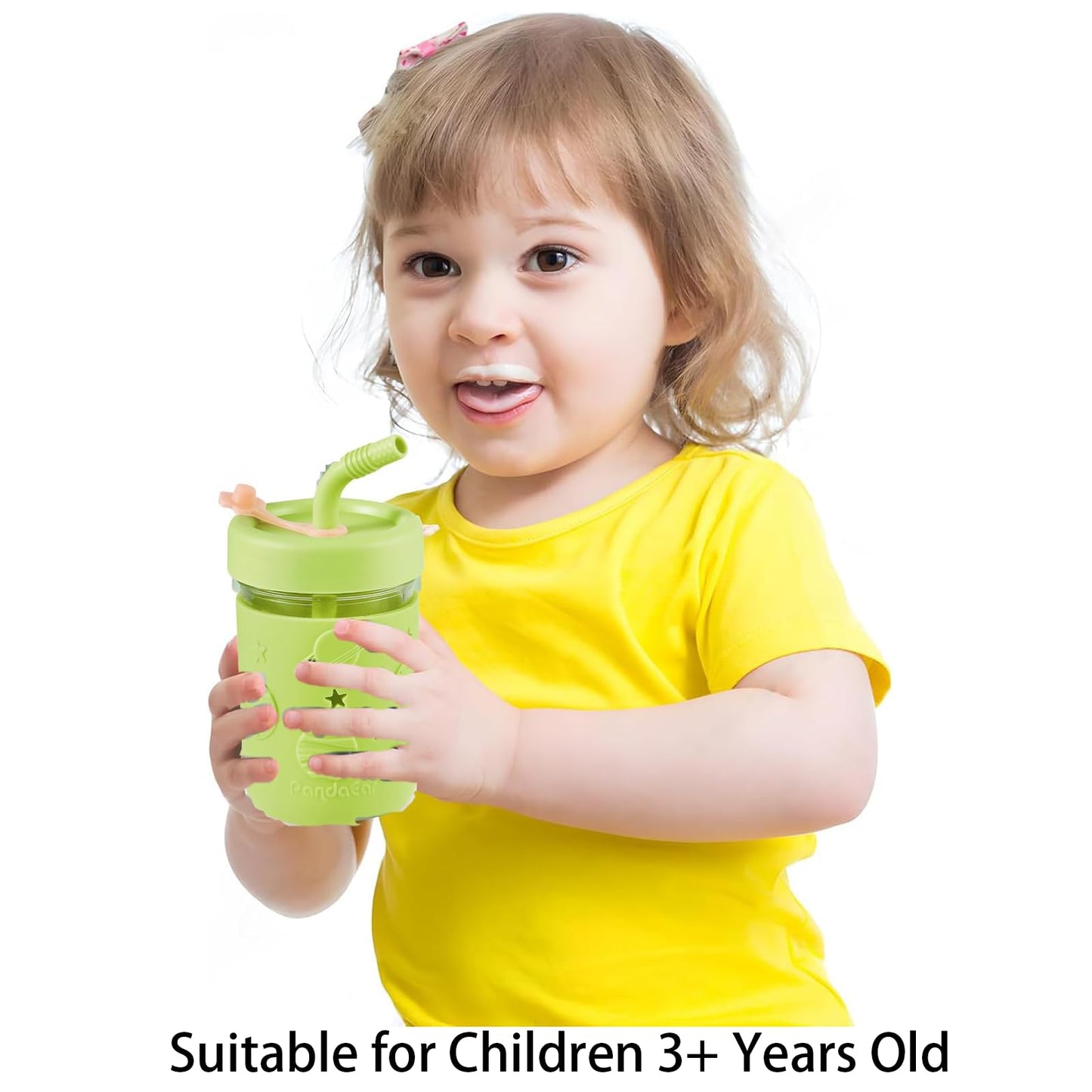 PandaEar Kids & Toddler Glass Cups, 4 Pack Glass Mason Jar Cups 8.45 oz with Silicone Sleeves & Straws, Spill-Proof Smoothie & Snack Cups for Children Ages 3+