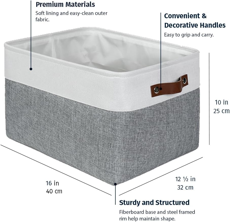 OrganiHaus Extra Large Fabric Storage Baskets - 3 Pack Canvas Organizers for Closets | 16x13in Gray/Off-White