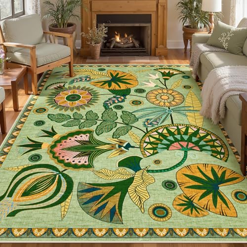 Joydeco 8x10 Sage Green Floral Boho Washable Area Rug for Living Room & Bedroom