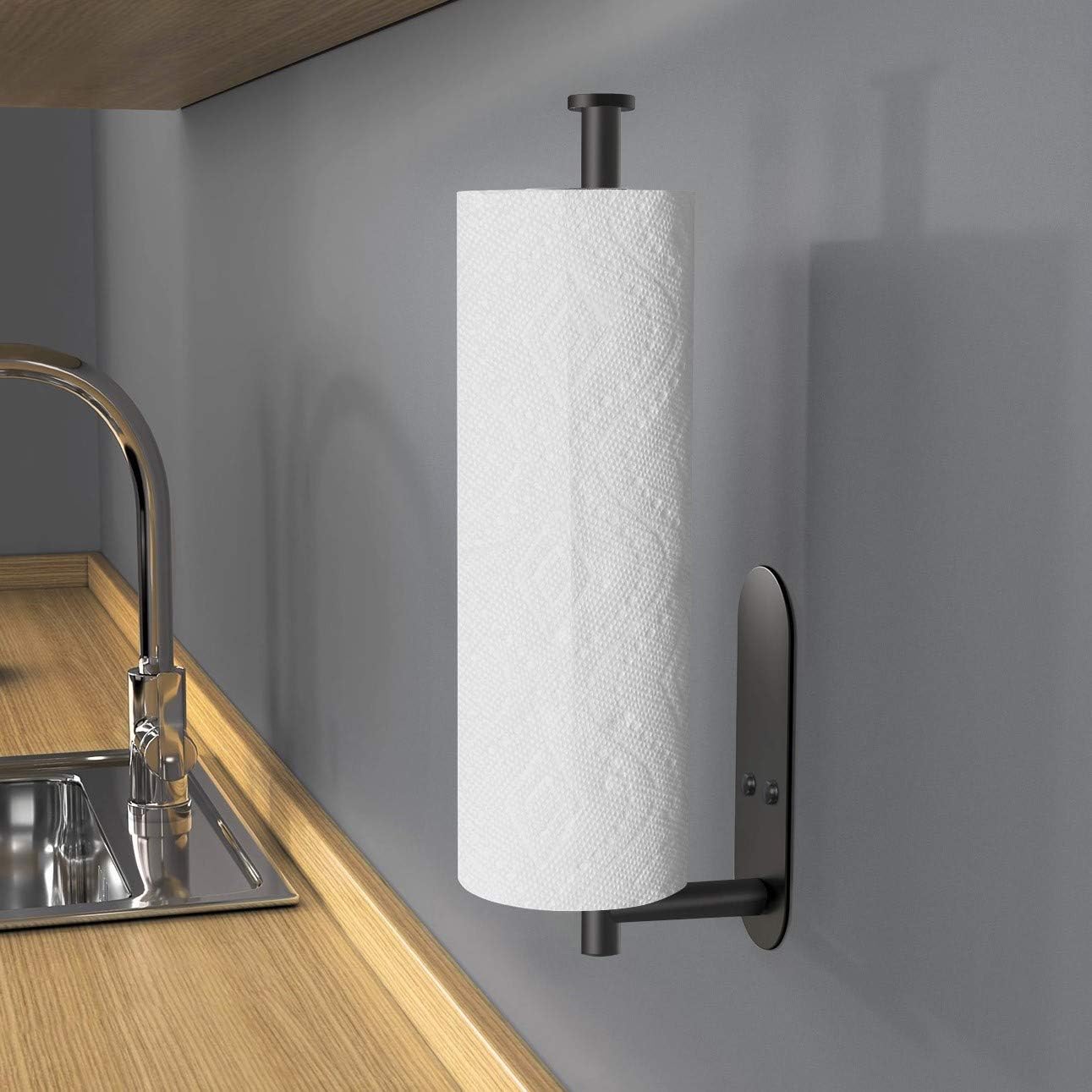 VAEHOLD Adhesive Paper Towel Holder - Wall-Mounted Kitchen Organizer | Black Stainless Steel Design