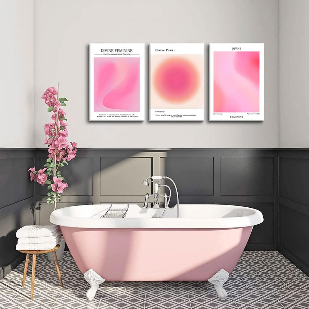 Trendy Aesthetic Canvas Wall Art Set of 3 - Pink Gradient Aura Angel Posters | Framed 12x16 Inch Decor for Bedroom & Living Room