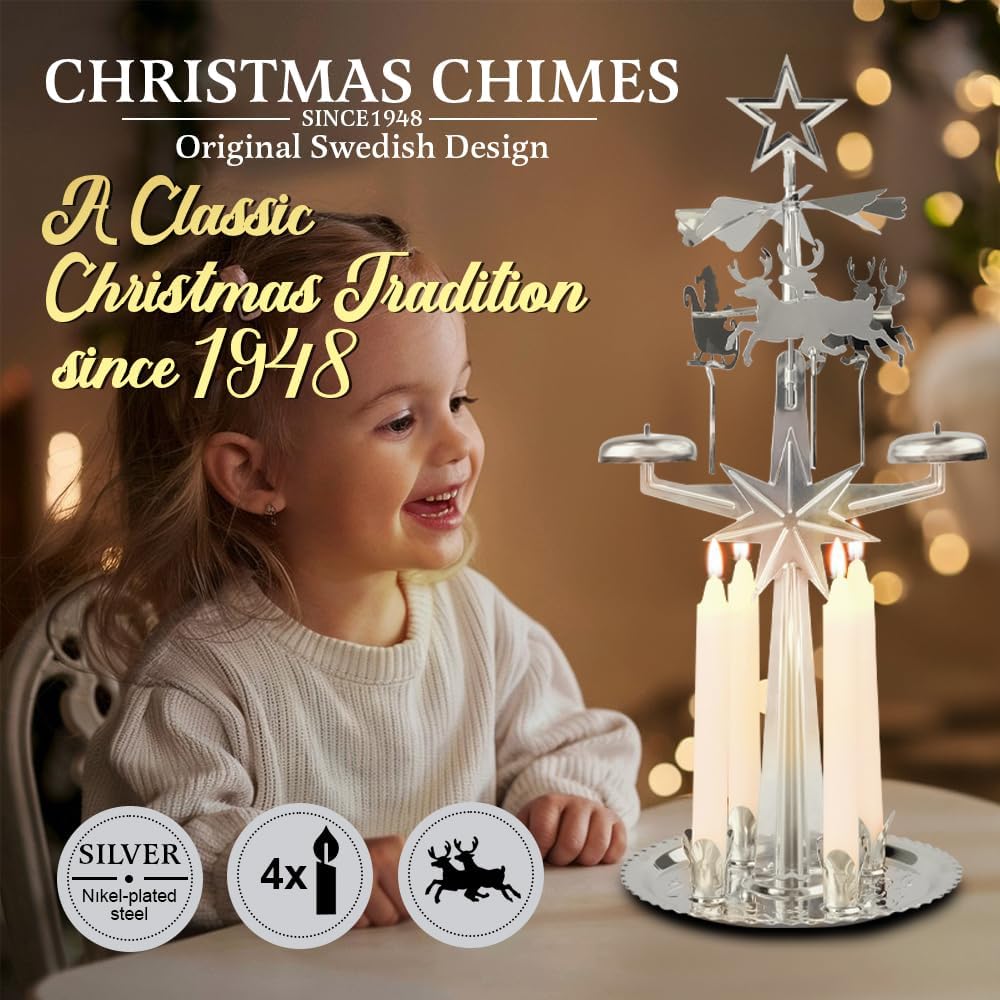 Original Swedish Christmas Chimes - Elegant Carousel with 4 Candles | Scandinavian Holiday Decor in Silver