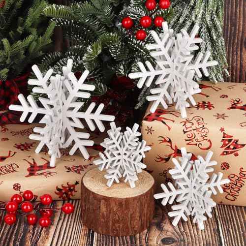 CCINEE 8pcs Christmas Wooden Snowflake Decoration Winter Snowflake Tabletop Sign White 3D Snowflake Tabletop Decor Glitter Snowflake Centerpiece for Xmas Wooderland Party Home Decoration