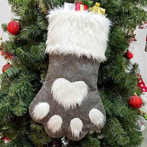 SherryDC Dog Cat Paw Christmas Stockings, Plush Hanging Socks for Holiday and Christmas Decorations (Large/18in, white-grey)