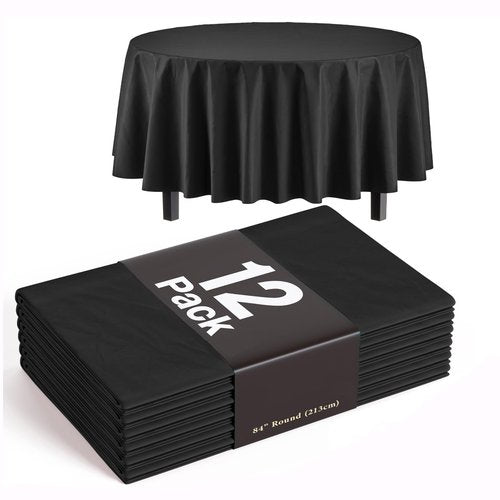 Exquisite 12-Pack Plastic Tablecloth 84 inch Round Value Pack Plastic Table Cover - Black